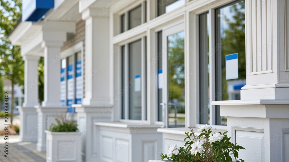 Fototapeta premium Modern Commercial Building Exterior with White Columns, Glass Windows, and Greenery