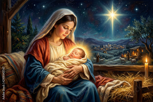 A vibrant, traditional illustration of nativity scene with loving Mary with baby Jesus in her arms beautiful radiant colors, copy space ideal for artistic religious Christmas card holiday background