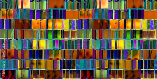 an abstract digital artwork pattern resembling dichroic glass blocks or a vibrant multi-colored crystal mosaic