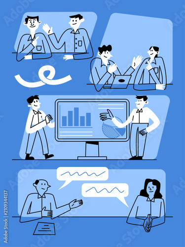 Business Team Meeting and Presentation with Charts and Data Analysis in Modern Office Environment