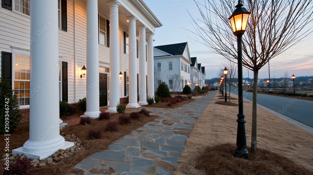 Obraz premium Elegant White Colonial Homes with Grand Columns and Gas Lamps on a Quiet Street at Dusk