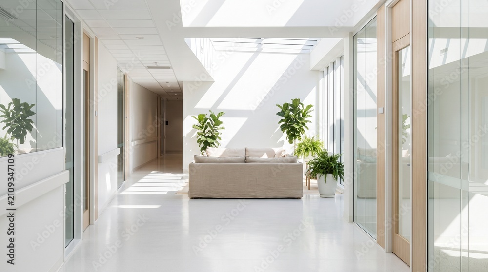 Fototapeta premium Modern Bright Hallway with Comfortable Lounge Area in Medical Facility