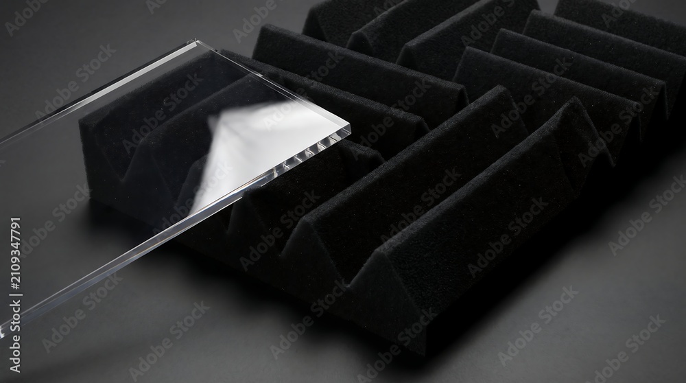 Fototapeta premium Sleek clear acrylic panel reflecting light, juxtaposed against a dark geometric acoustic foam wall for optimal sound dampening and modern studio aesthetics