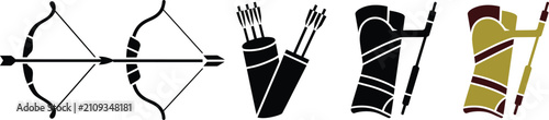 Konstfotografi Archery equipment flat icons featuring traditional recurve bows, arrows in quive