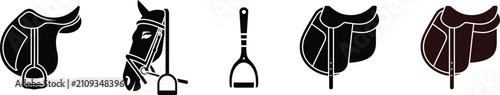 Konstfotografi Equestrian gear and horse riding equipment icons featuring leather saddles with