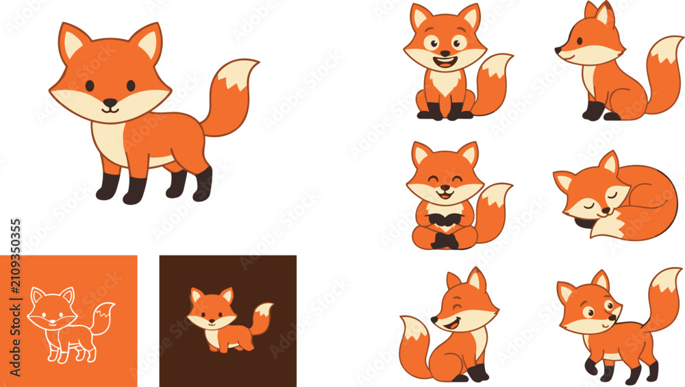 Obraz premium Cute Cartoon Red Fox Character Set with Various Poses and Expressions Including Sleeping Sitting and Walking for Children Book Designs