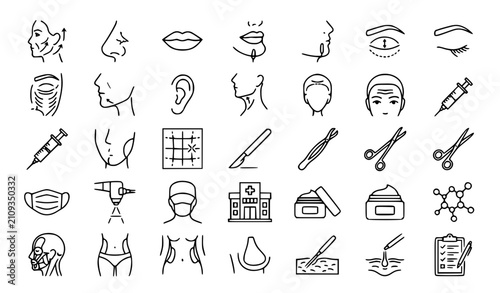 Foto Premium plastic surgery, cosmetic procedure, beauty and skincare line icons set