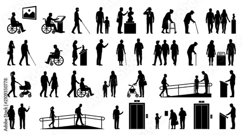 Universal accessibility silhouettes vector set architectural scale CAD block