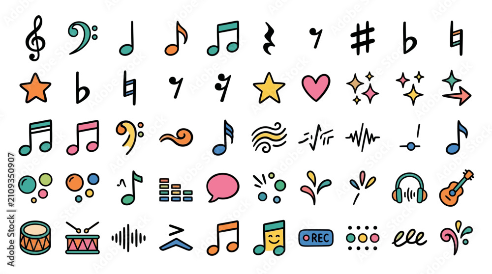 Fototapeta premium Musical icons collection displays various colorful notes and instrument symbols for audio production.