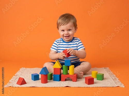 Cute little boy playing with colorful wooden building blocks