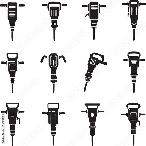 Foto Jackhammer Tool Icon Set, Construction Drill Black Silhouette Illustration