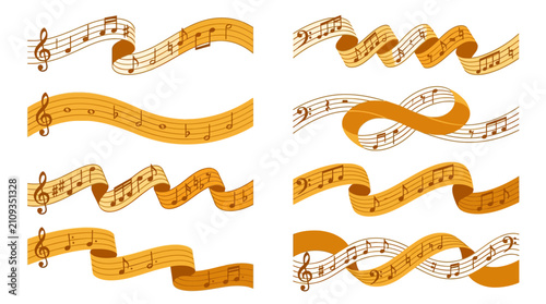 Musical staves in golden ribbon style feature various notes and melodies arranged in a set of eight distinct segments.