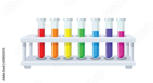 Row of Seven Glass Test Tubes with Colorful Rainbow Liquids in a White Laboratory Rack for Science Research Experiments