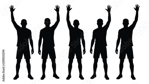 Fotografie Black silhouettes of people raising hands in different positions