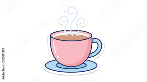 Cute coffee cup sticker vector, hot pink ceramic mug with steam on blue saucer, cozy morning beverage illustration for cafe branding and menu design