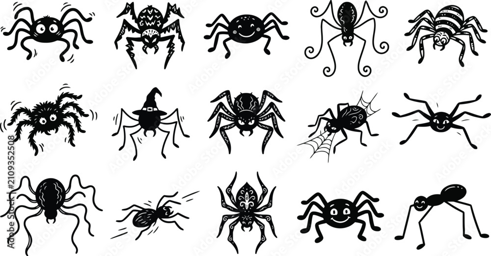 Fototapeta premium Set of hand drawn black spider icons for halloween decorations and spooky holiday design elements on white background