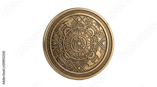 Detailed bronze coin showing intricate geometric patterns and industrial gear designs against a plain white background