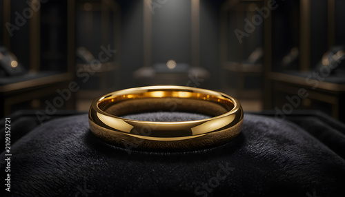 Luxury Gold Wedding Band Resting on Dark Velvet Display