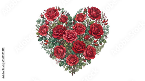 Heart Shaped Bouquet Of Red Roses With Green Foliage Romantic Floral Arrangement On Black Background