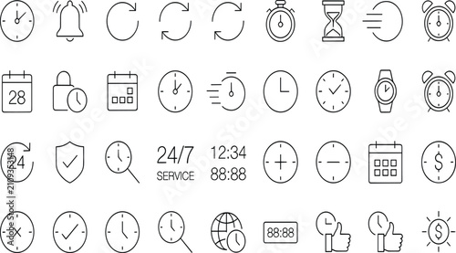 Comprehensive time management and clock vector icon set with outline symbols for productivity apps and scheduling websites