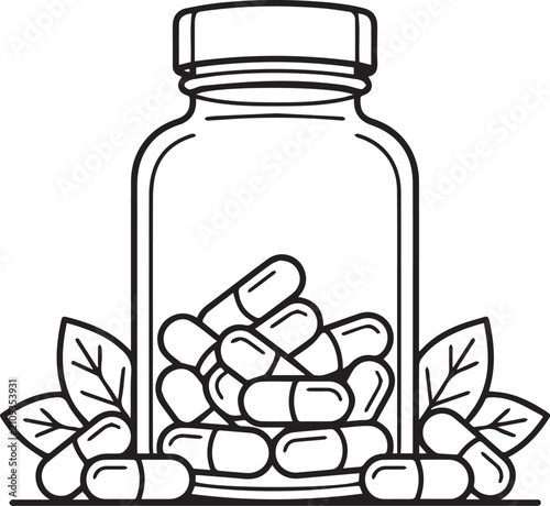 Vector illustration of capsules and pills in a jar with leaves