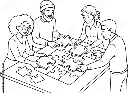 Illustration of four people collaborating on a jigsaw puzzle together