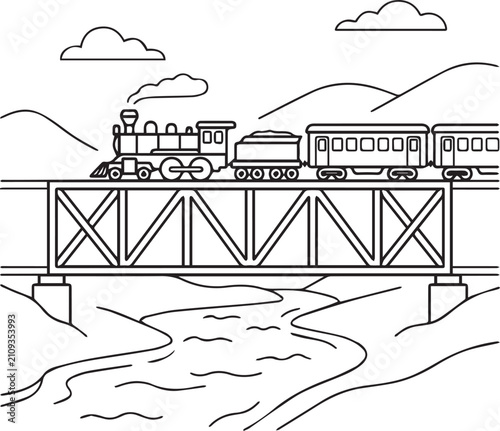 Vector illustration of a steam train crossing a bridge over a river