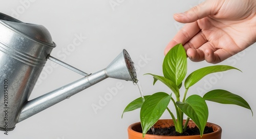 Caring for a Young Green Plant with Watering Can and Hand