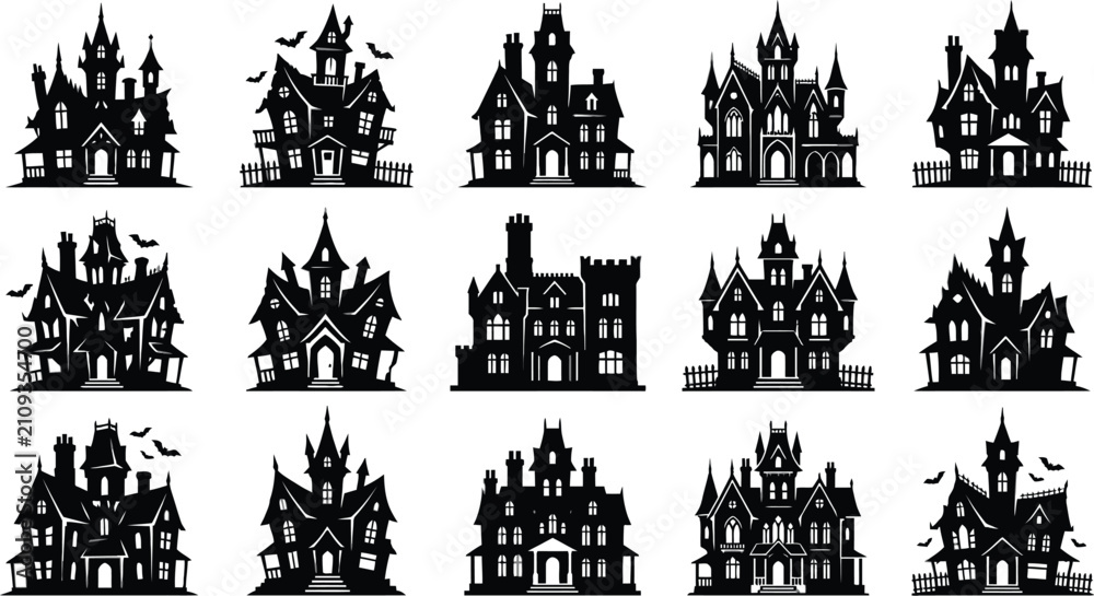 Fototapeta premium Set of fifteen black silhouettes of spooky haunted houses for your creative halloween party design projects