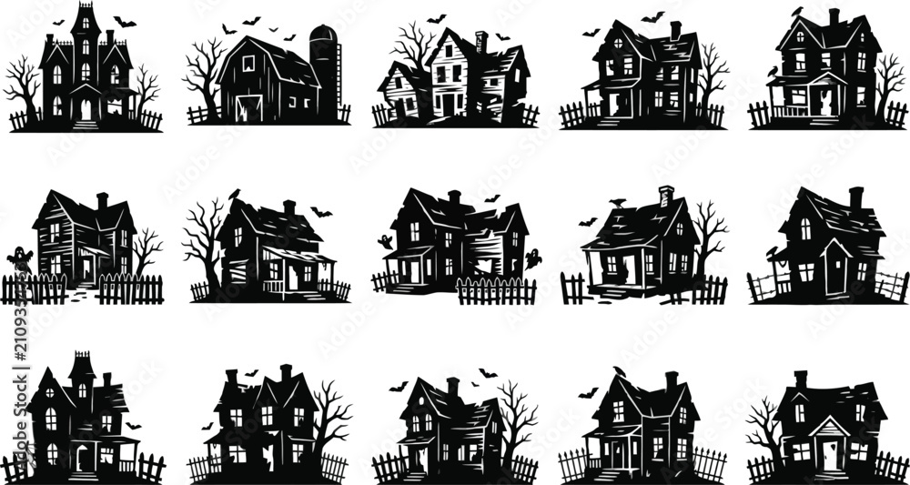 Fototapeta premium Set of black silhouette haunted house illustrations for halloween design projects and spooky holiday themed graphic decorations
