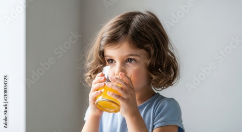 Child drinking orange juice from glass, healthy lifestyle, happy kid indoors