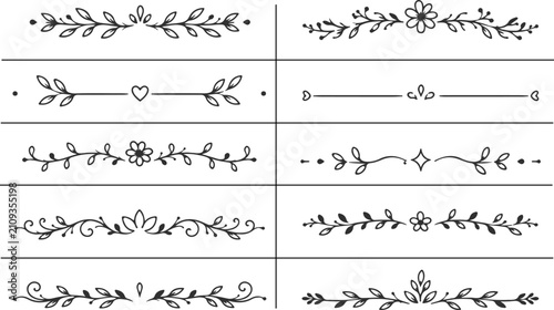 Hand-drawn line doodle style floral ornament line border set. Floral divider elements with flower and vine leaf ornaments and vintage flourish text border frame decoration. Vector.eps