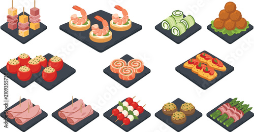 Isometric Buffet Appetizer Set with Gourmet Catering Snacks Finger Food Skewers Canape Bruschetta and Meatballs for Restaurant Menu and Event Celebration Design