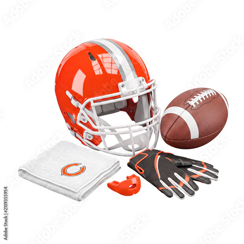 Canvastavla Dynamic realistic illustration of American football gear, featuring an orange helmet, pigskin ball