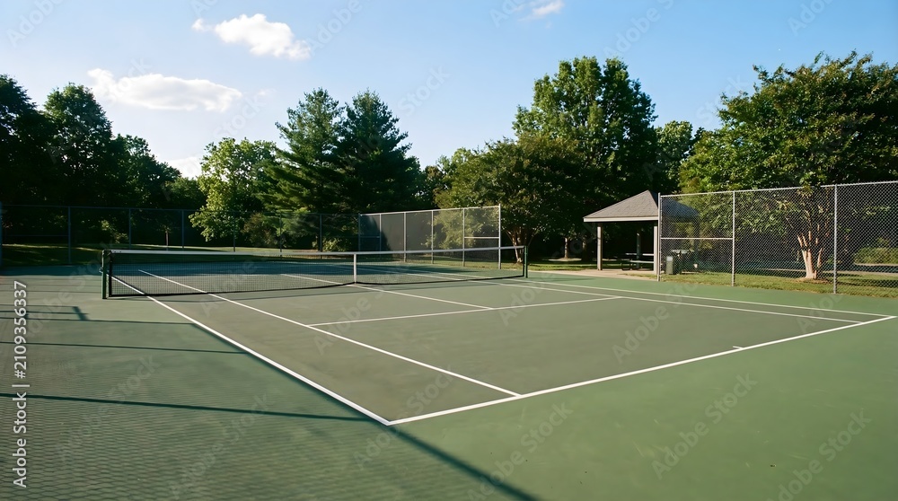 Fototapeta premium Outdoor tennis court with green hardcourt surface, public sports facility surrounded by lush green trees, empty recreational tennis court under blue sky