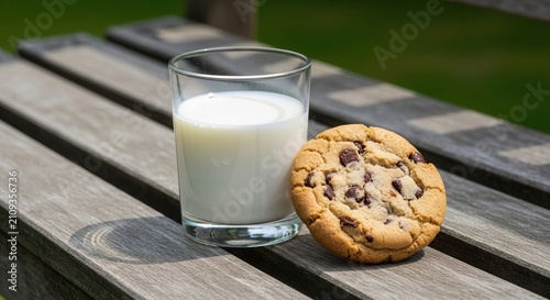 Chocolate chip cookie and glass of milk on a wooden bench outdoors