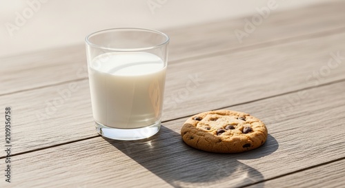 Chocolate chip cookie and glass of milk on wooden table, close-up