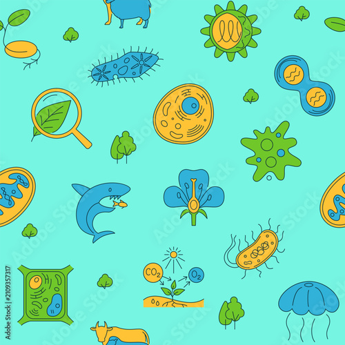 Biology seamless pattern. Animal, plant, cell, and microscopic symbols. Vector illustration