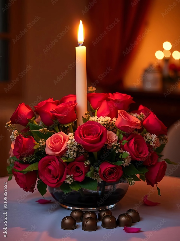 Obraz premium Candlelit centerpiece with roses and chocolates, elegant, warm glow