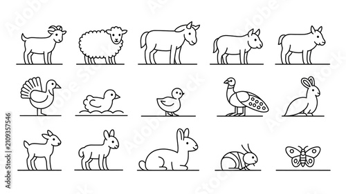 Collection of various farm animals and birds in a line art style with black and white high contrast graphic design illustration silhouette