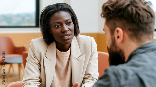 Mentoring meeting, woman leader listens to stressed employee, one on one support for career challenges, empathy, coaching, workplace wellbeing, calm minimalist office room, soft window light.