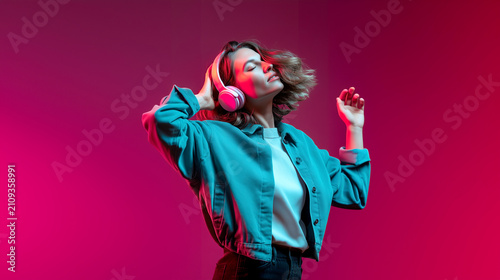 Music euphoria, young woman dancing with headphones, neon pink studio light, relaxed joyful mood, modern lifestyle portrait, freedom and rhythm, vibrant color background, copy space.