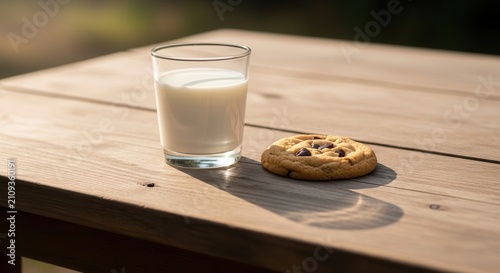 Chocolate chip cookie with glass of milk on wooden table outdoors