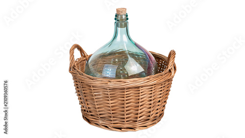 Foto Large glass carboy wine bottle in wicker basket container isolated on transparen