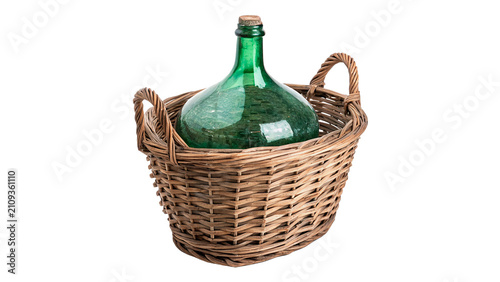 Bild auf Leinwand Large glass carboy wine demijohn bottle in wicker basket isolated on transparent