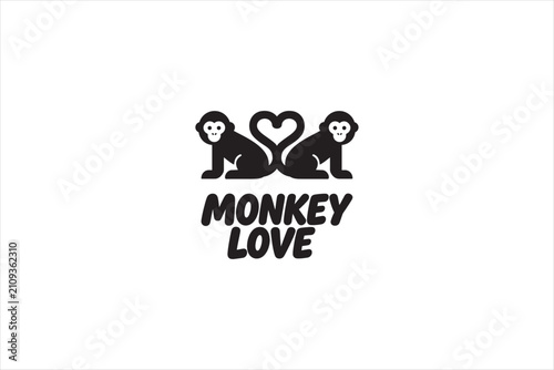 Canvas Print Cute monkey love logo design featuring two symmetrical monkeys forming a heart shape with their tails