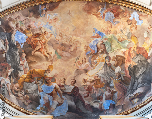 Florence - The fresco of Glory of Holy Trinity and the saints from Florence i...