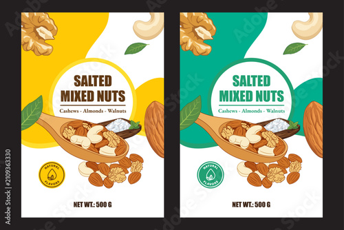 Vector mixed nut packaging design template. Almond, pecan, cashew, pistachio illustration