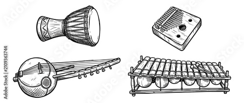 Fotografie Hand-drawn ethnic musical instruments collection illustration