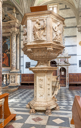 PIETRASANTA, ITALY - JUNE 24, 2026: The marble renaissance pulpit with the Ev...